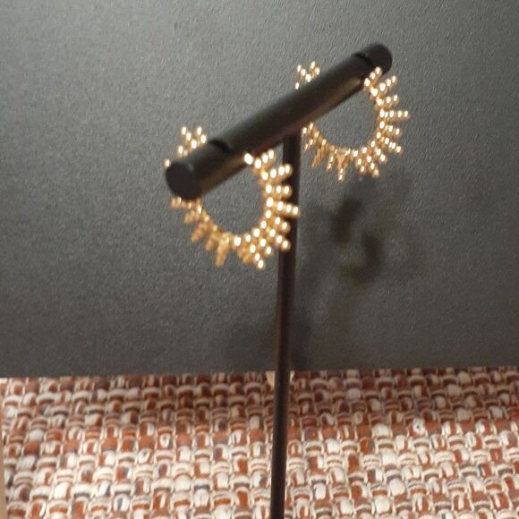 New Gold Tone Sterling Silver Geometric Bead Hoop Earrings New - Picture 4 of 6